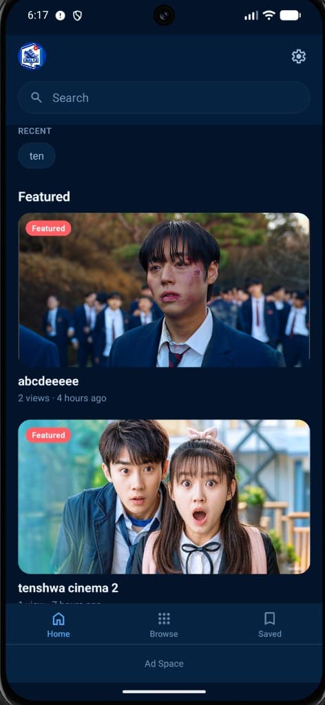 Cinema Plus home screen in dark mode